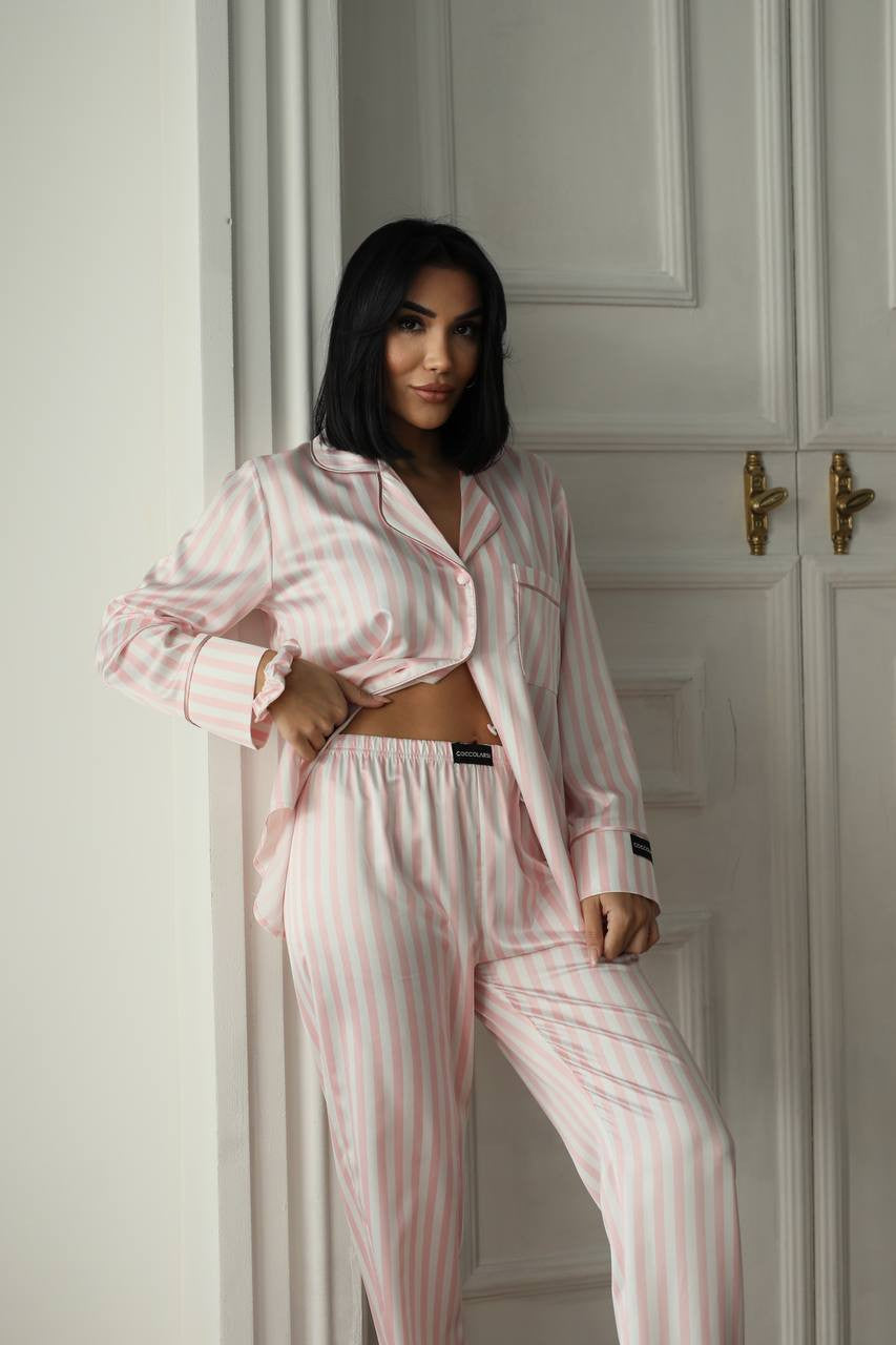 Pembe Çizgili Saten Gömlek Kadın Pijama Takımı