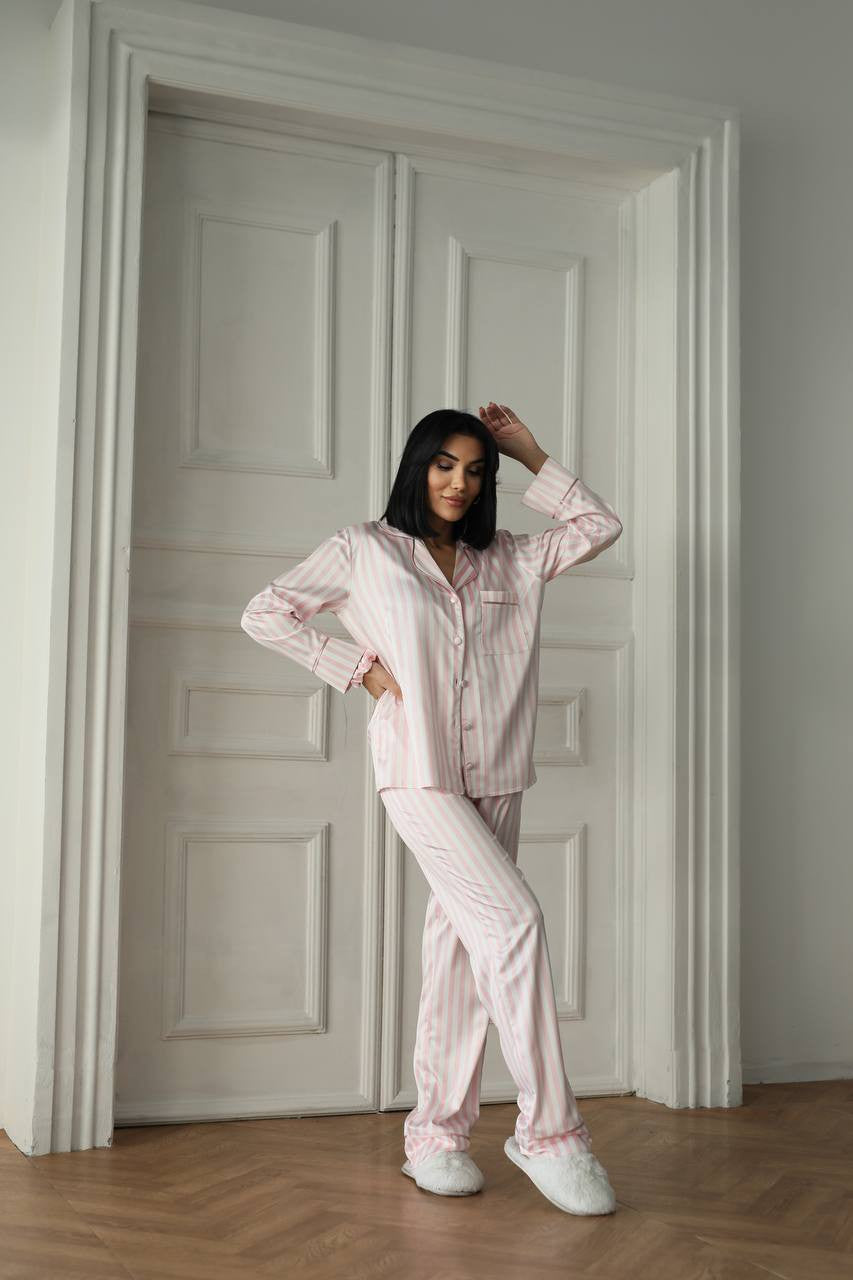 Pembe Çizgili Saten Gömlek Kadın Pijama Takımı