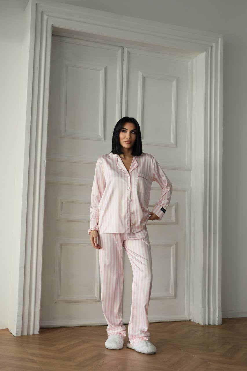 Pembe Çizgili Saten Gömlek Kadın Pijama Takımı