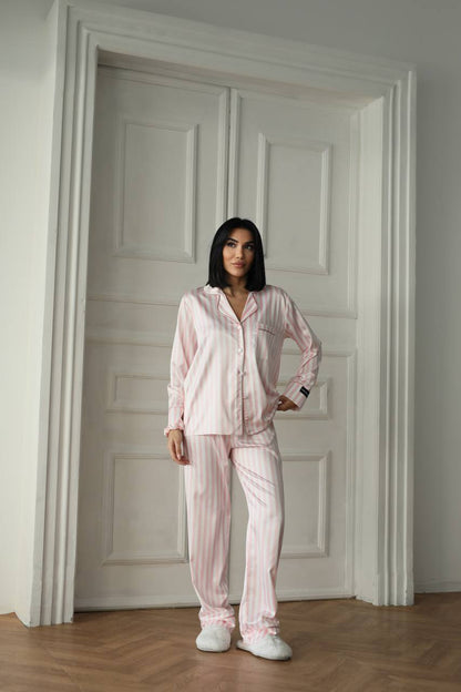 Pembe Çizgili Saten Gömlek Kadın Pijama Takımı