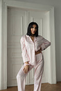 Pembe Çizgili Saten Gömlek Kadın Pijama Takımı