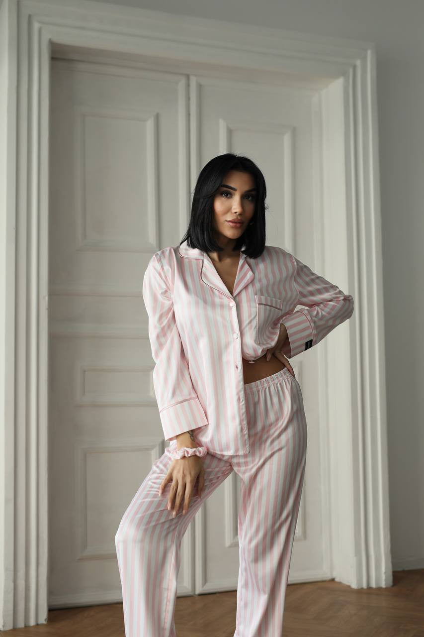 Pembe Çizgili Saten Gömlek Kadın Pijama Takımı