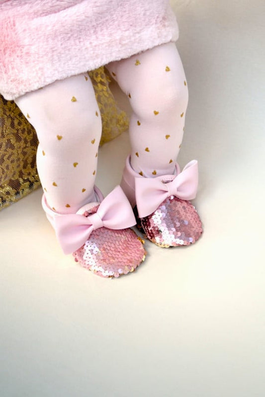 Pembe Pul Payetli Fiyonklu Kız Bebek Patik