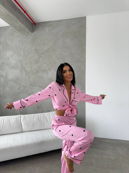 Pembe Kalp Desenli Saten Kadın Pijama Takımı