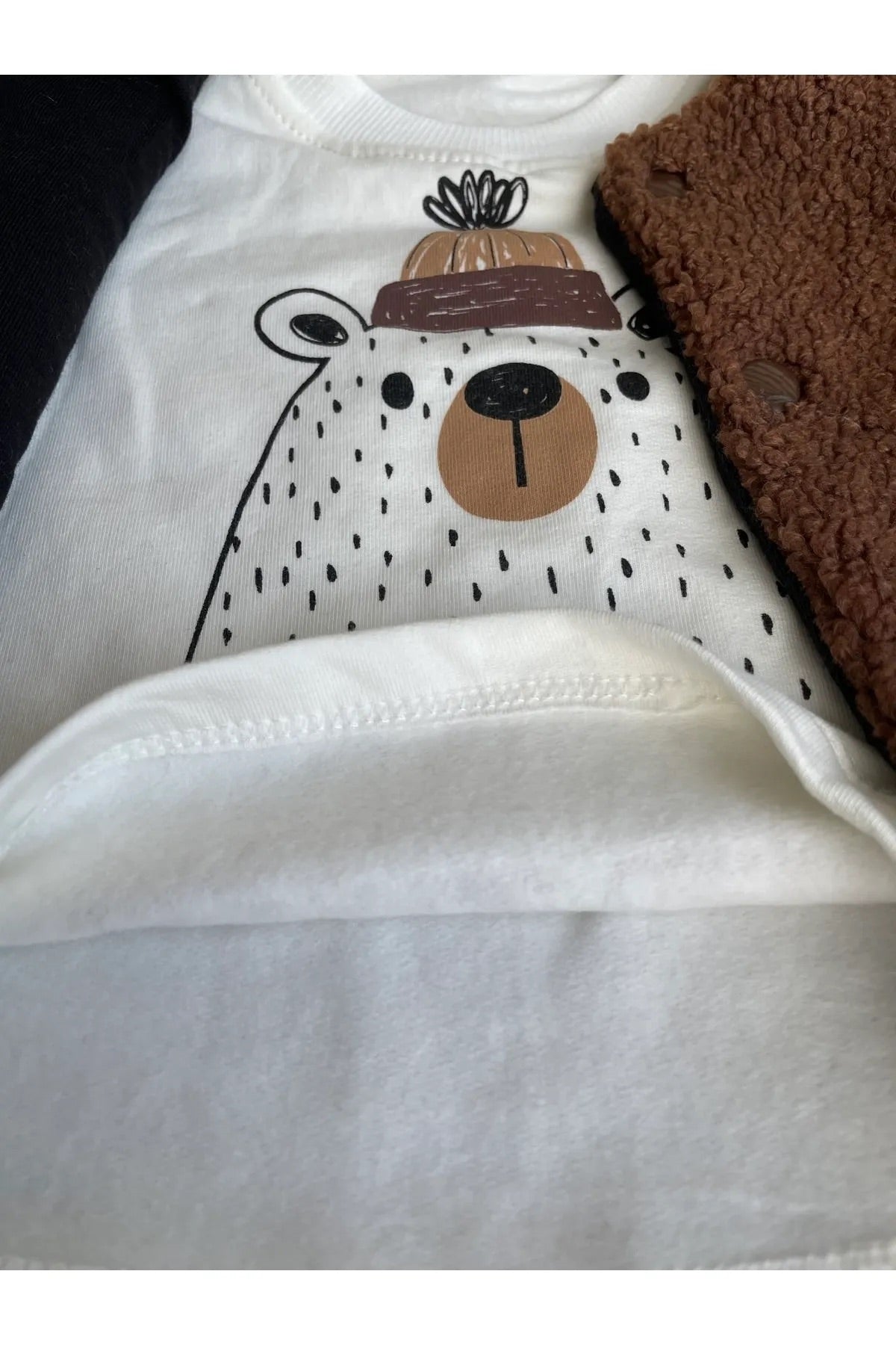 Kahverengi Teddy Pelüş Yelekli 3’lü Bebek Takım