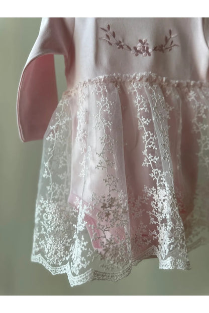 Pembe Dantel Etekli Saç Bantlı Kız Bebek Elbise Set