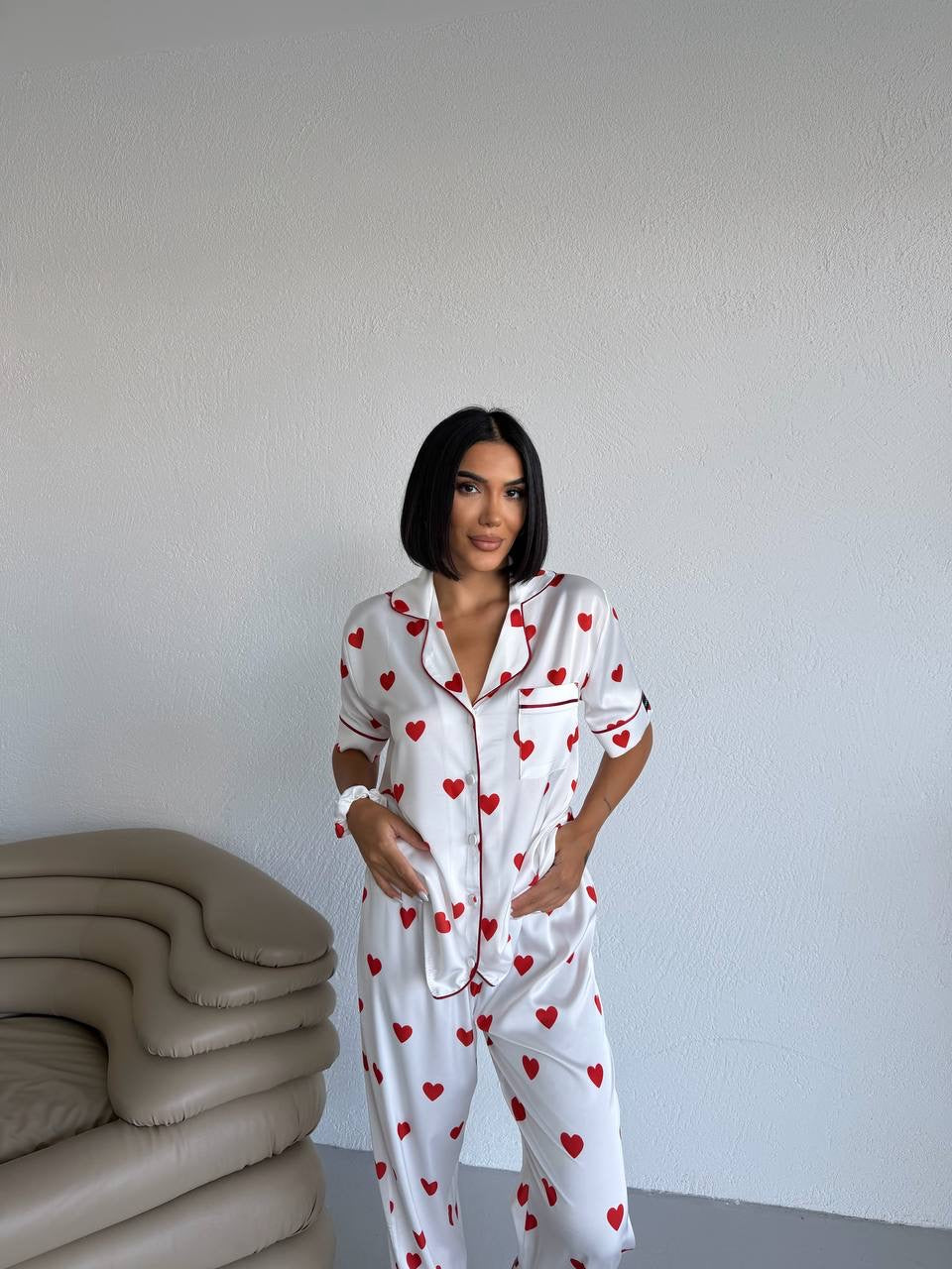 Kalp Desenli Saten Kadın Pijama Takımı
