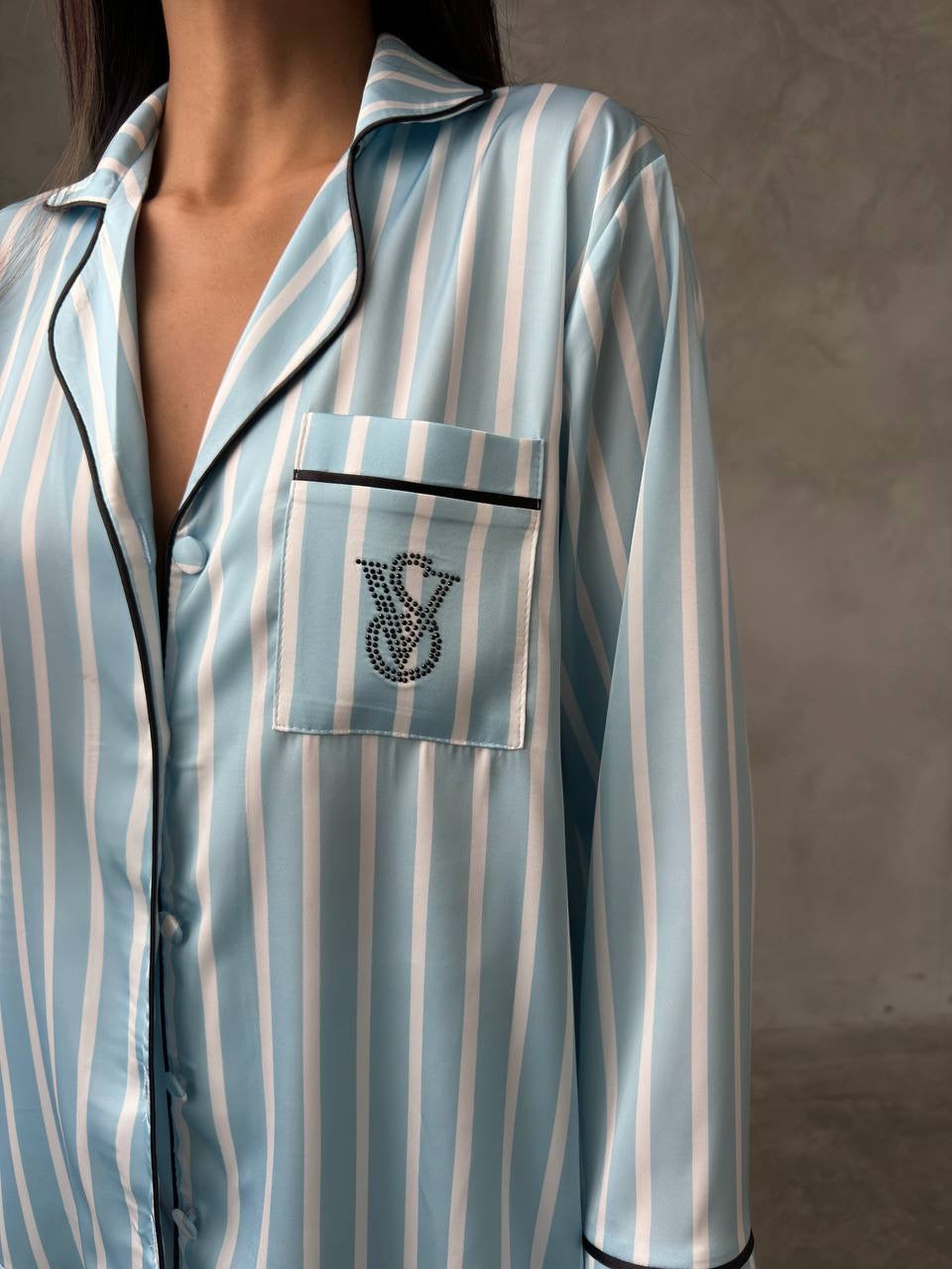 Kadın Mavi Çizgili Vs Saten Pijama Takımı