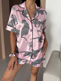 Pembe Leopar Desenli Saten Şortlu Kadın Pijama Takımı