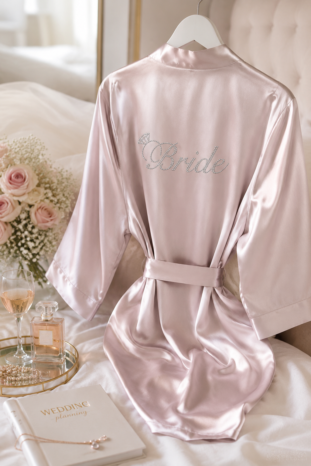 Pudra Saten Bride Yazılı Sabahlık