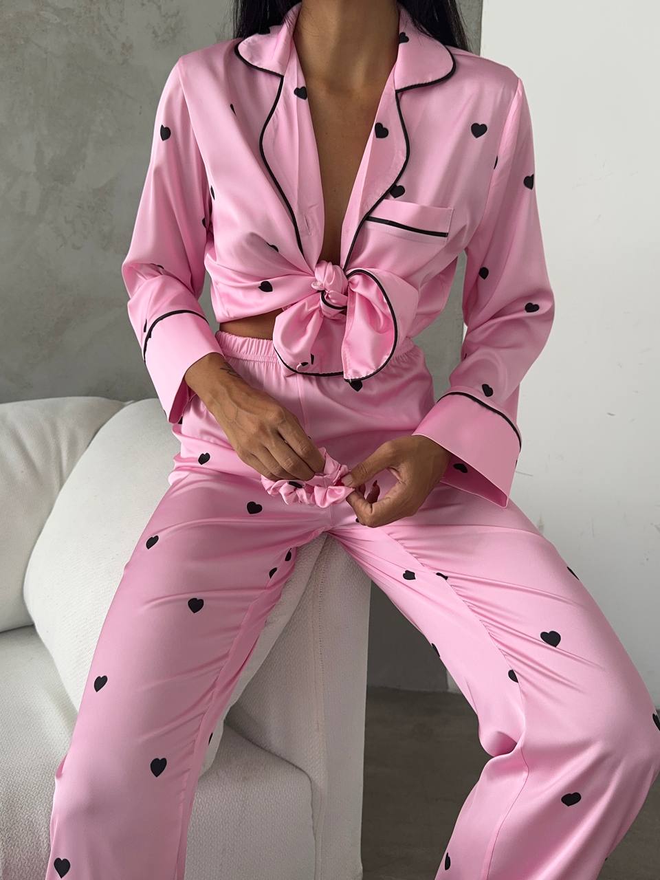 Pembe Kalp Desenli Saten Kadın Pijama Takımı