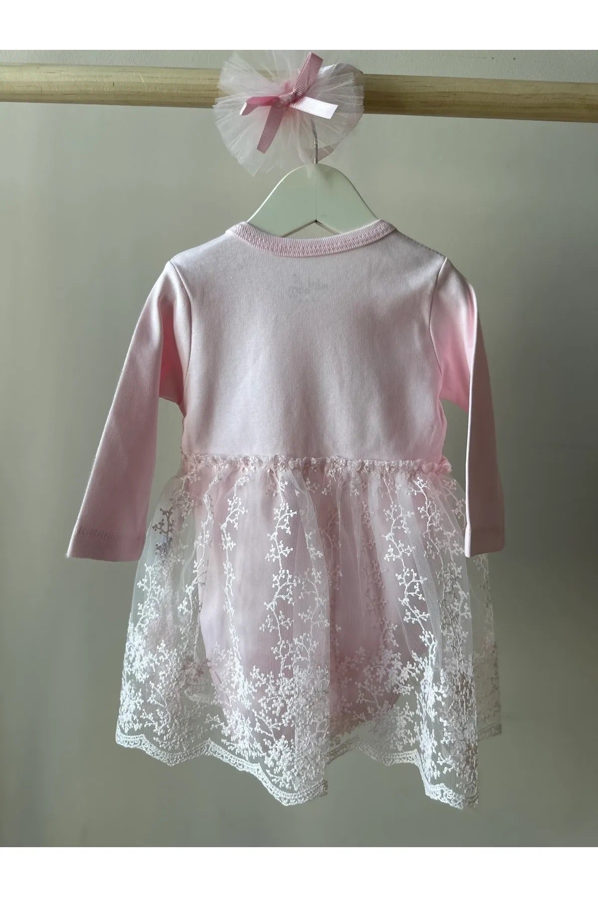 Pembe Dantel Etekli Saç Bantlı Kız Bebek Elbise Set