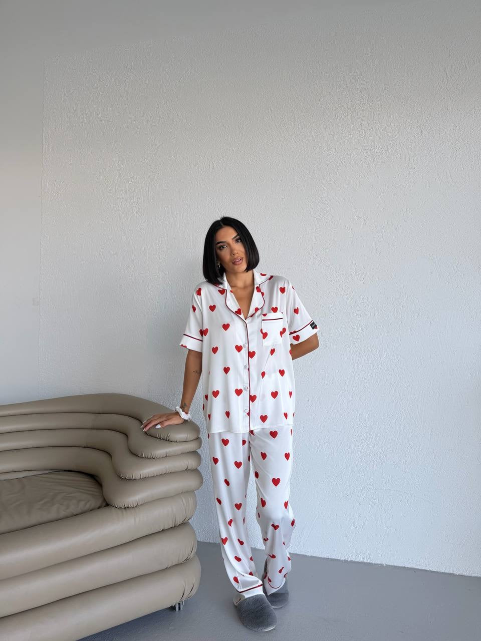 Kalp Desenli Saten Kadın Pijama Takımı
