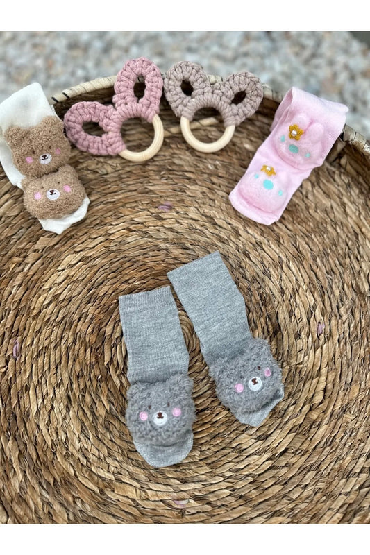 Peluş 3d Oyuncaklı Eğlenceli Bebek Çorabı Gri