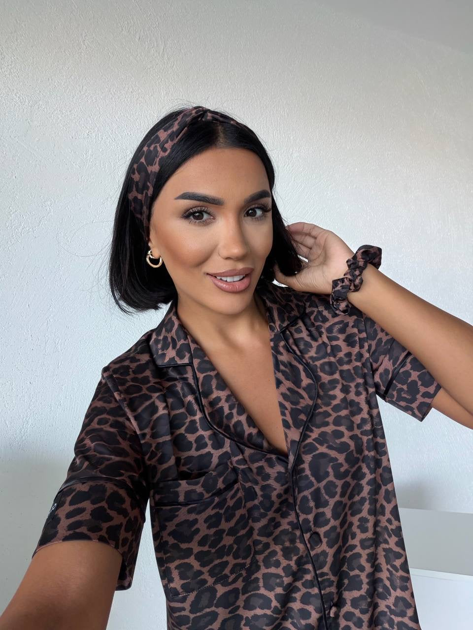 LÉONA | Premium Armani Saten Leopar Desenli Pijama Takımı