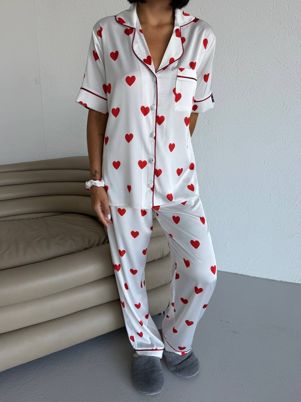 Kalp Desenli Saten Kadın Pijama Takımı