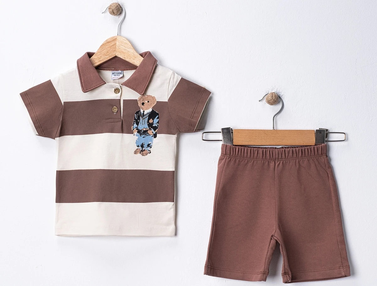Kahverengi Teddy Bear Baskılı Erkek Bebek Şortlu Takım