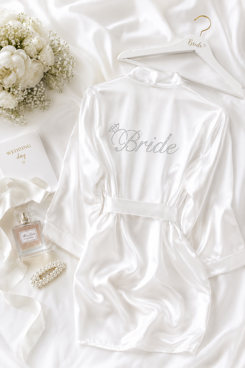 Beyaz Saten Bride Yazılı Sabahlık