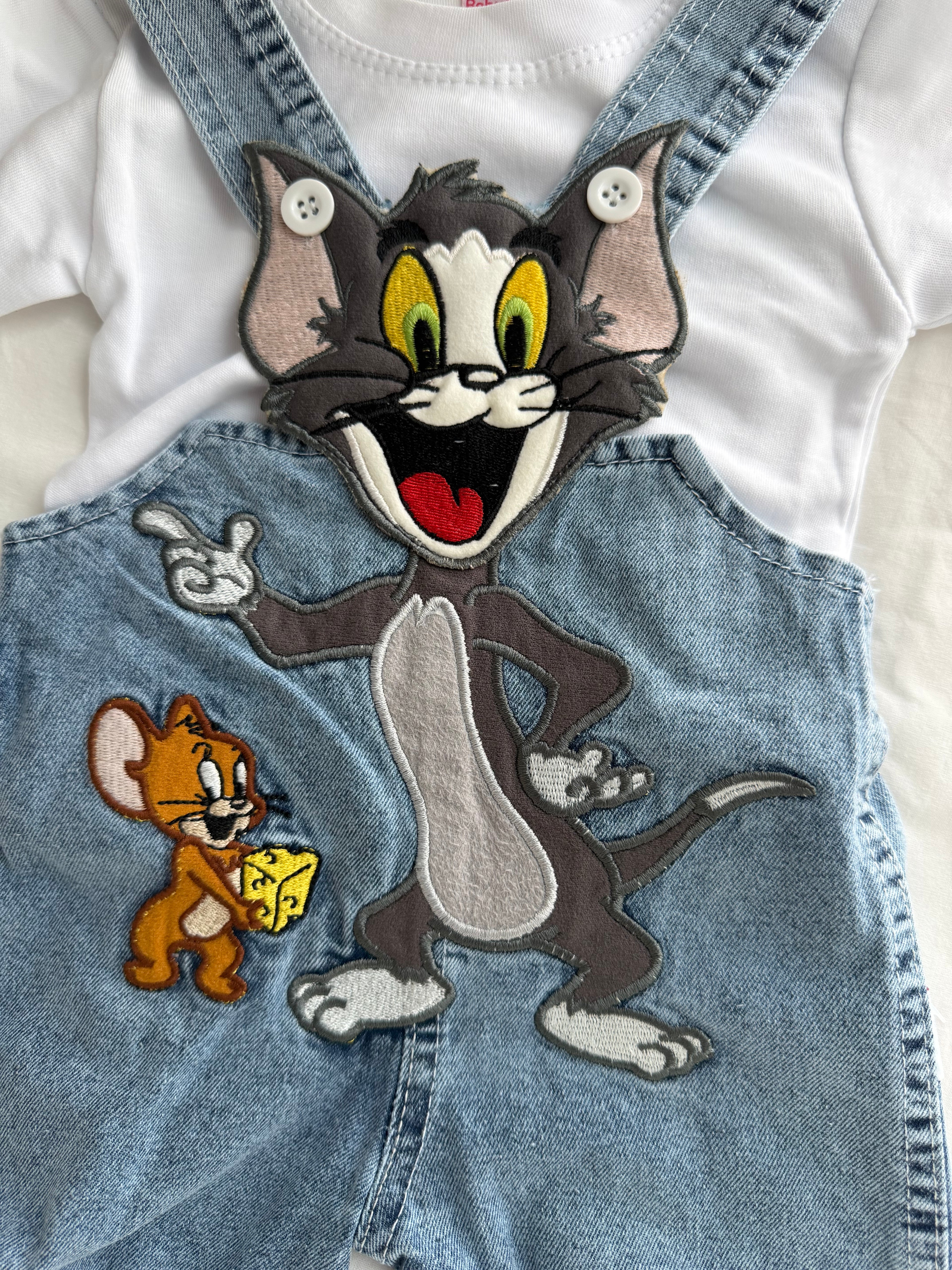 Denim Tom ve Jerry Unisex Bebek Salopet