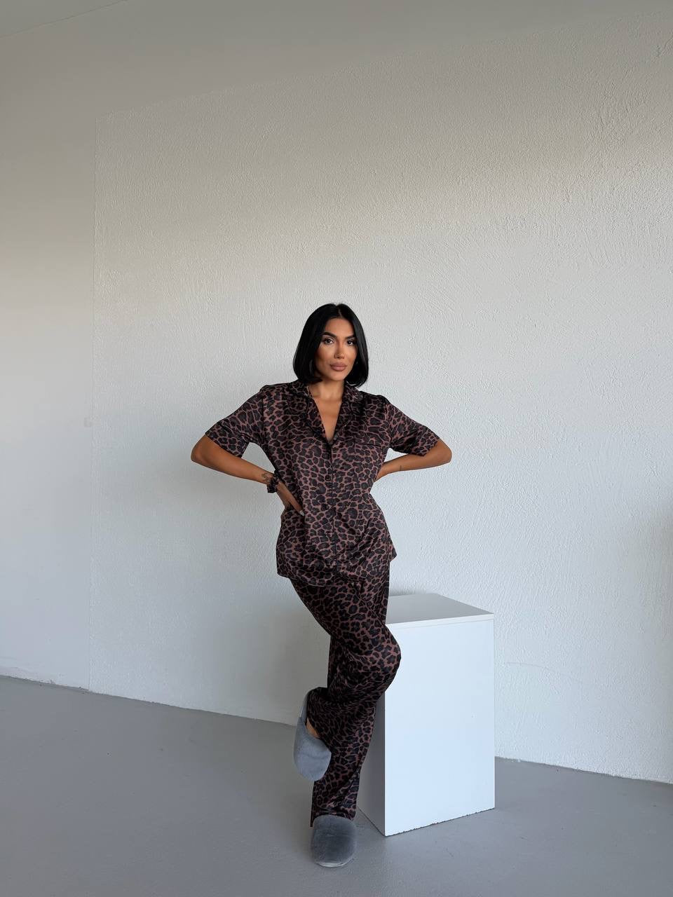 LÉONA | Premium Armani Saten Leopar Desenli Pijama Takımı