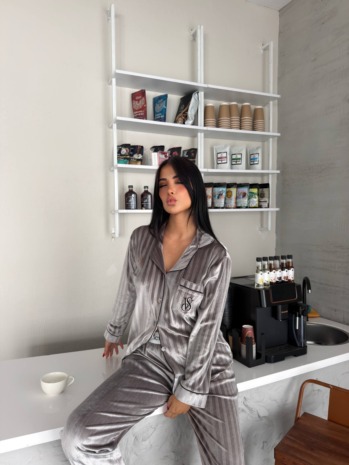 Kadın Kahverengi Kadife VS Pijama Takımı