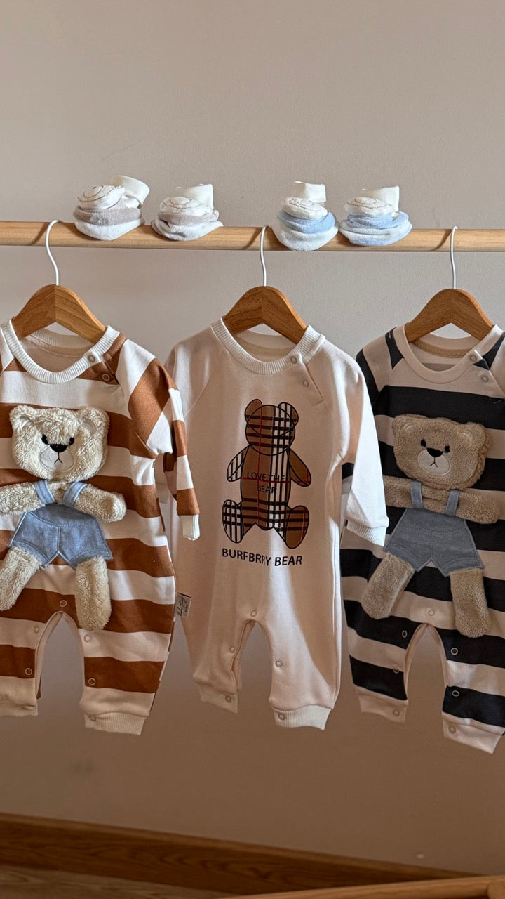 Lacivert Çizgili Peluş Ayıcıklı Erkek Bebek Tulum