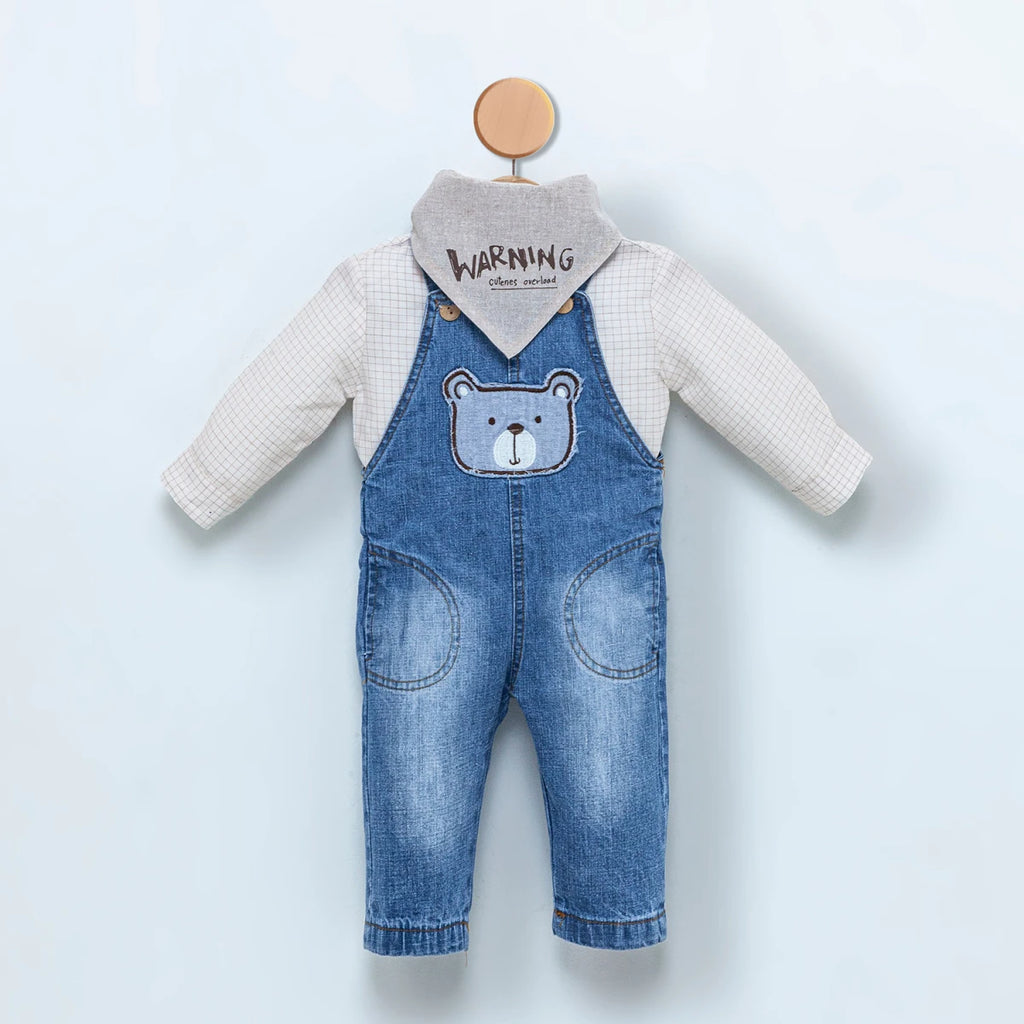 Mavi Ayıcık Figürlü Erkek Bebek Denim Tulum Takım