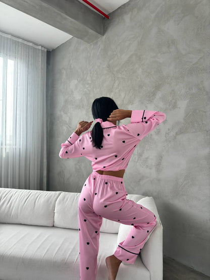 Pembe Kalp Desenli Saten Kadın Pijama Takımı