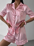 Pembe Toz Pembe Çizgili Saten Şortlu Kadın Pijama Takımı