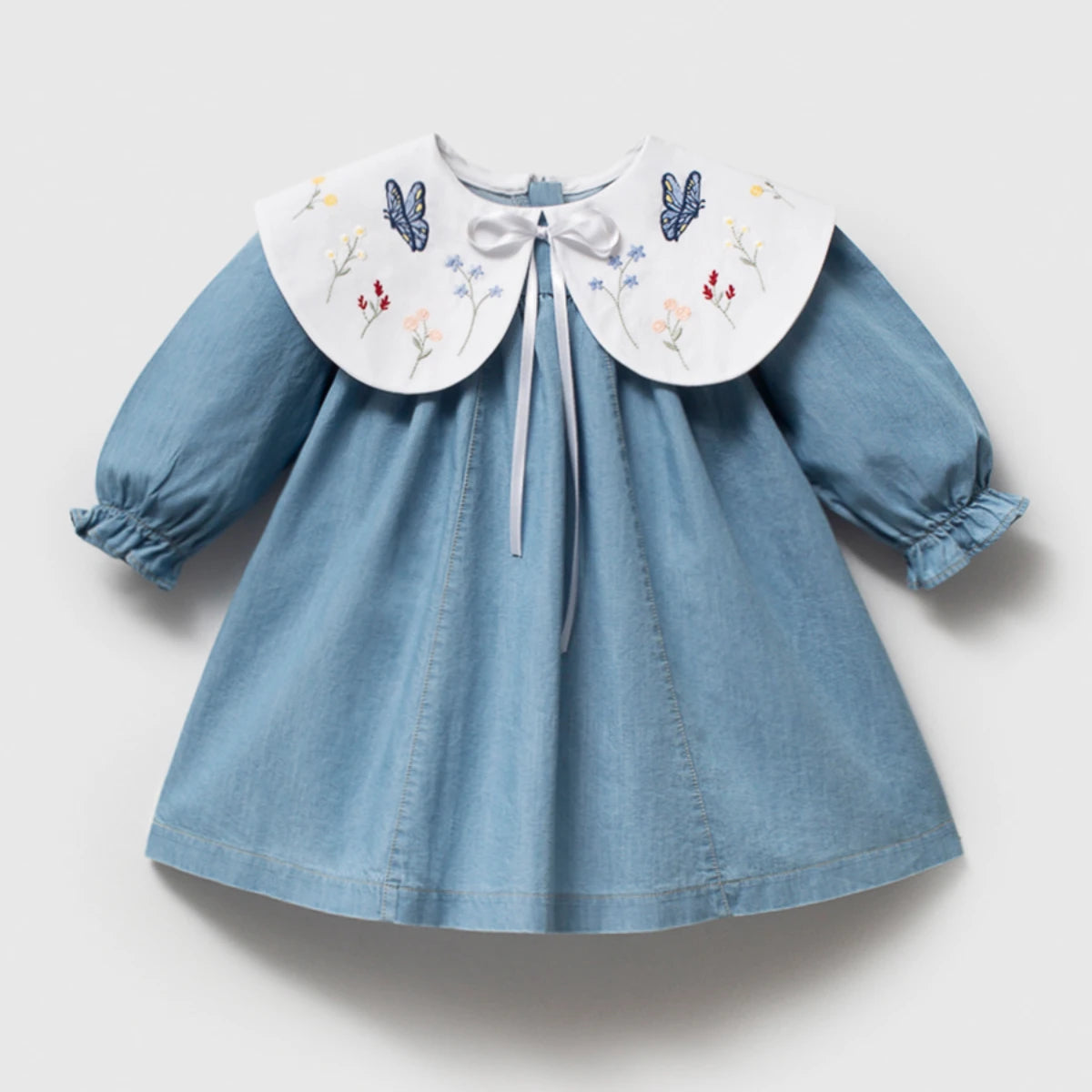 Ay Yaka Nakışlı Denim Kız Bebek Elbise