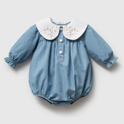 Ay Yaka Nakışlı Denim Kız Bebek Romper