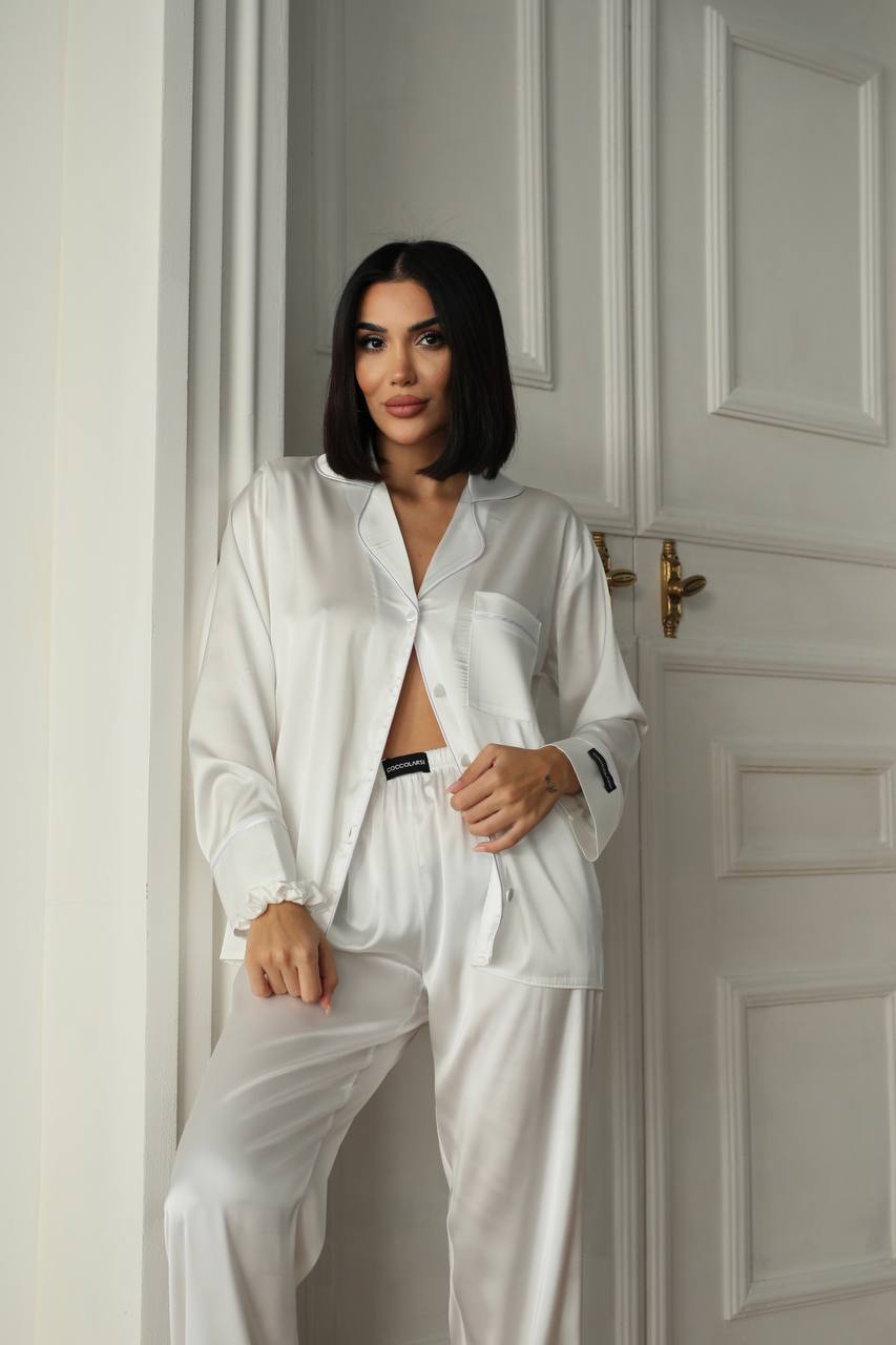 Beyaz Saten Kadın Pijama Takımı