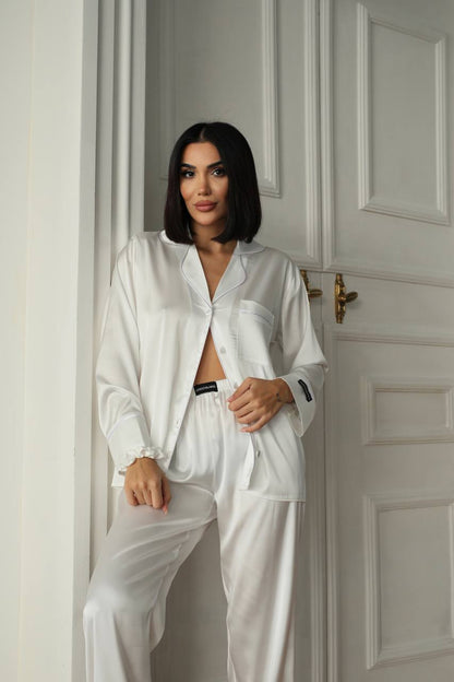 Beyaz Saten Kadın Pijama Takımı