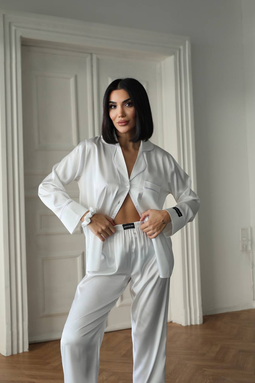 Beyaz Saten Kadın Pijama Takımı