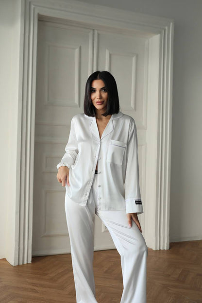 Beyaz Saten Kadın Pijama Takımı