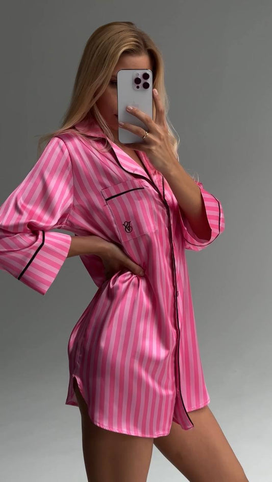 Fuşya Çizgili Saten VS Kadın Gecelik