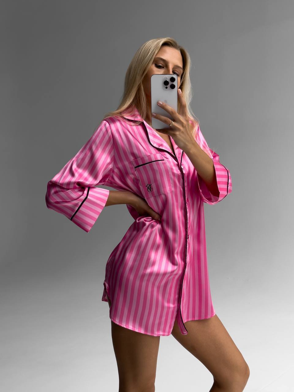 Fuşya Çizgili Saten VS Kadın Gecelik