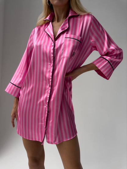 Fuşya Çizgili Saten VS Kadın Gecelik