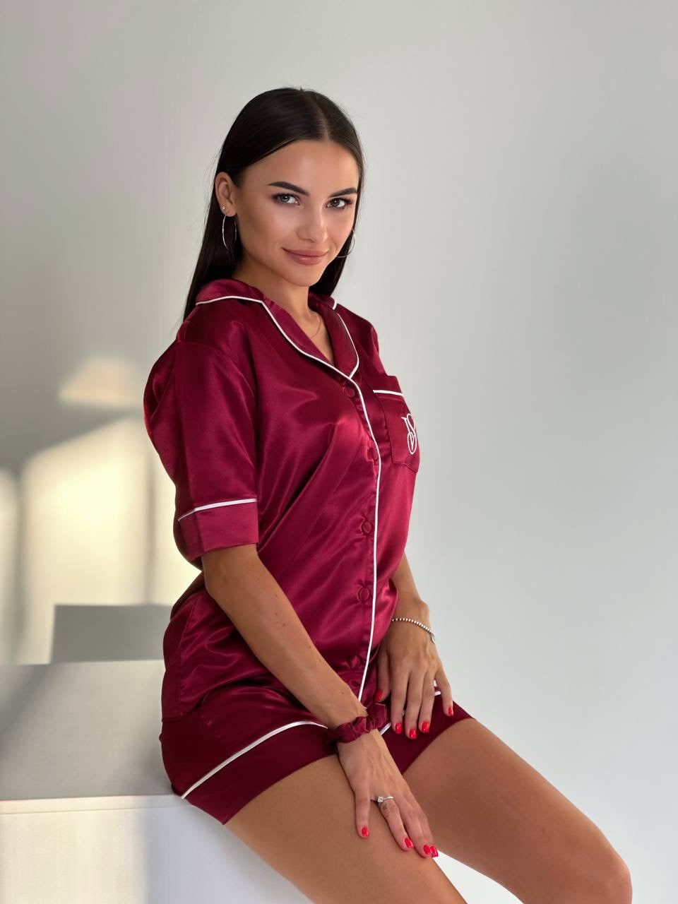Vişne Çürüğü Saten Gömlek Şortlu VS Kadın Pijama Takımı