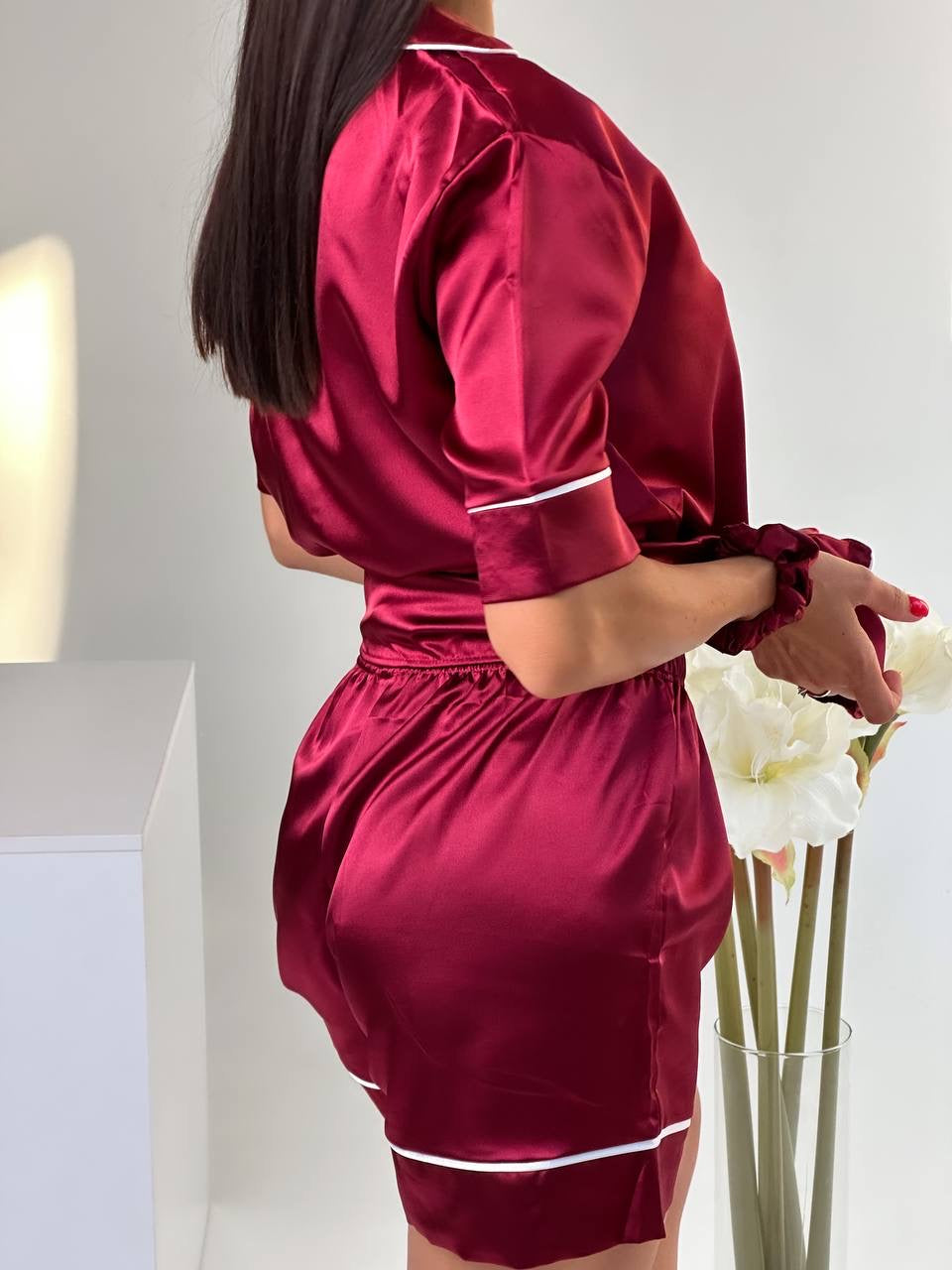 Vişne Çürüğü Saten Gömlek Şortlu VS Kadın Pijama Takımı