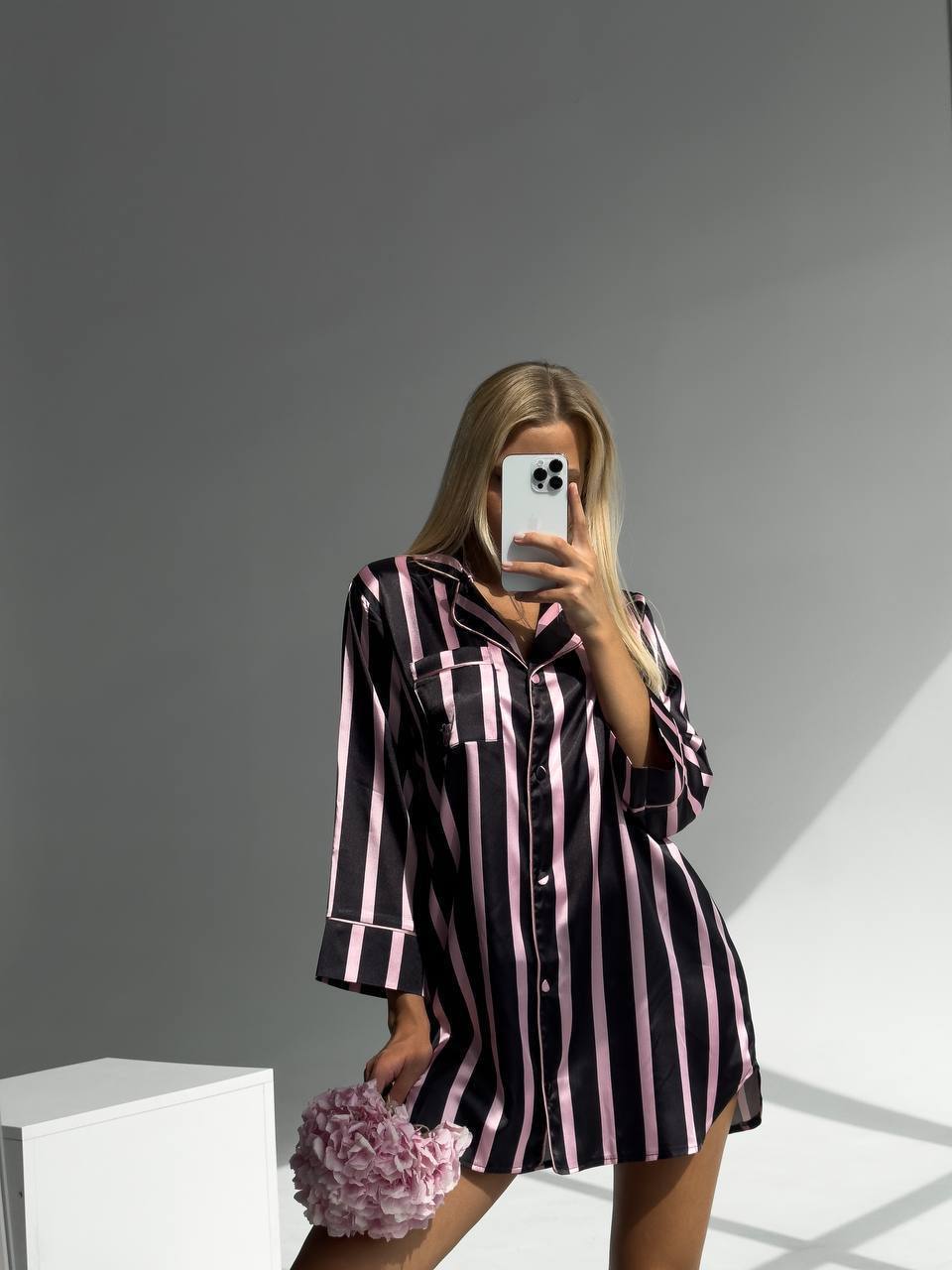 Siyah Pembe Çizgili Saten VS Kadın Gecelik