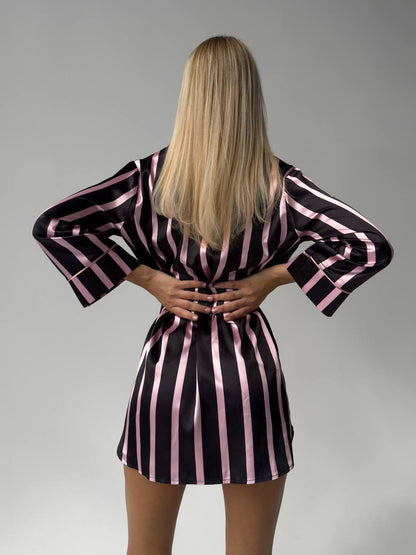 Siyah Pembe Çizgili Saten VS Kadın Gecelik