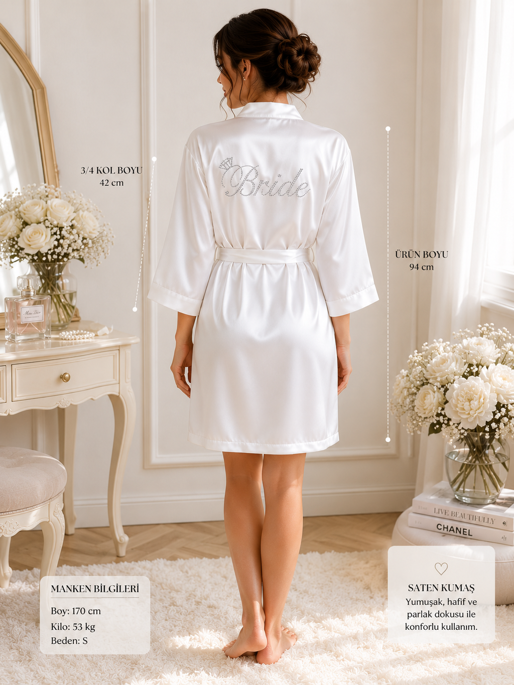 Beyaz Saten Bride Yazılı Sabahlık
