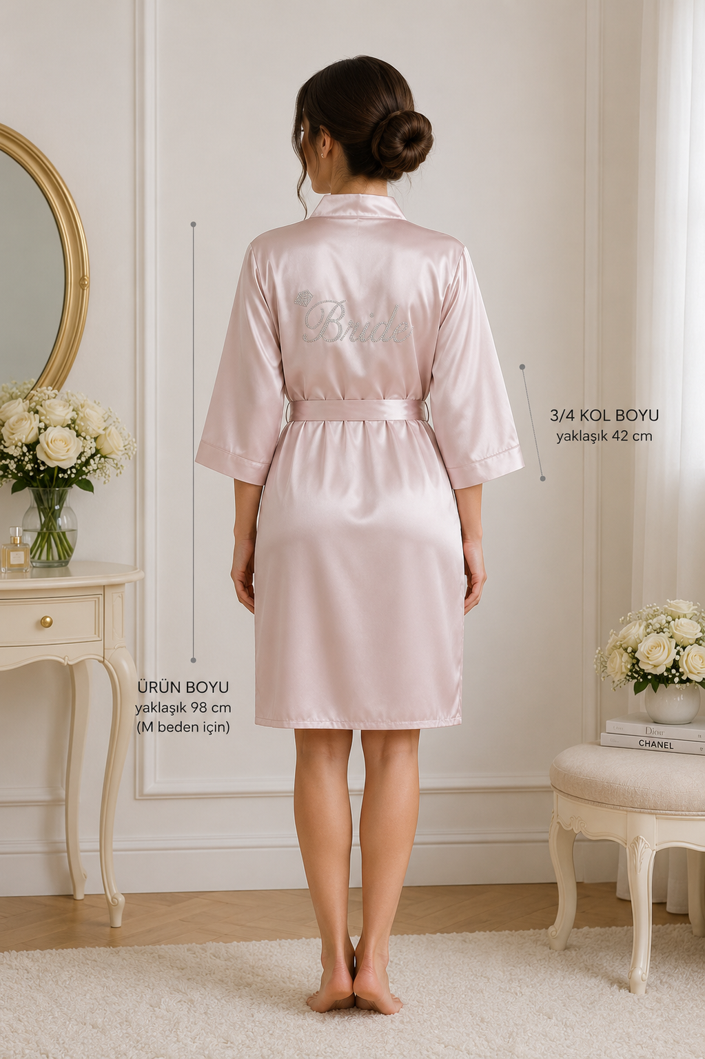 Pudra Saten Bride Yazılı Sabahlık