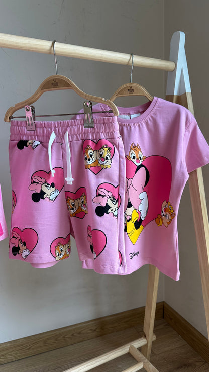 Pembe Disney Baskılı Kız Bebek Şortlu Takım