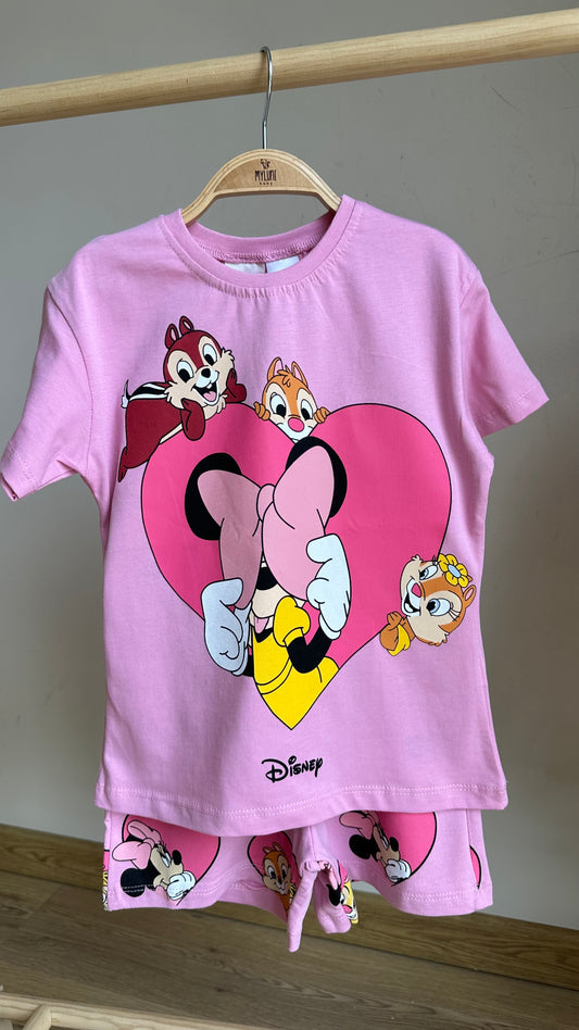 Pembe Disney Baskılı Kız Bebek Şortlu Takım