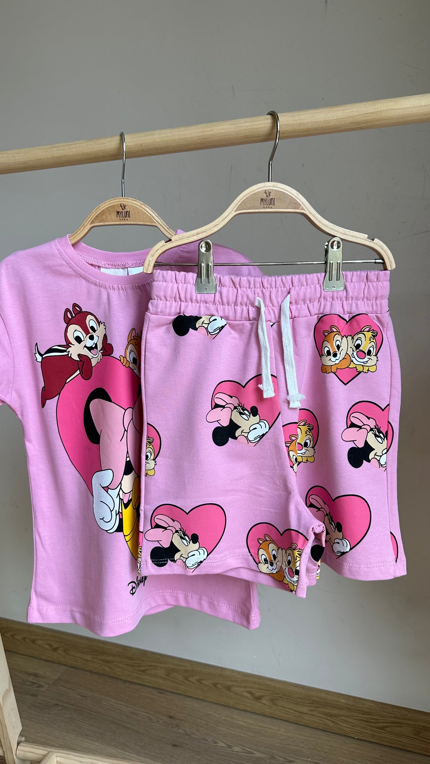 Pembe Disney Baskılı Kız Bebek Şortlu Takım