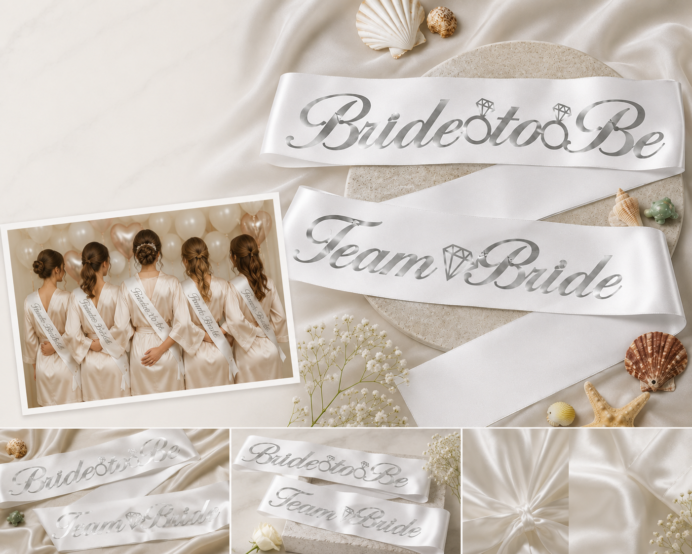 Team Bride Beyaz Saten Kuşak | Gümüş Yazılı Nedime Kuşağı