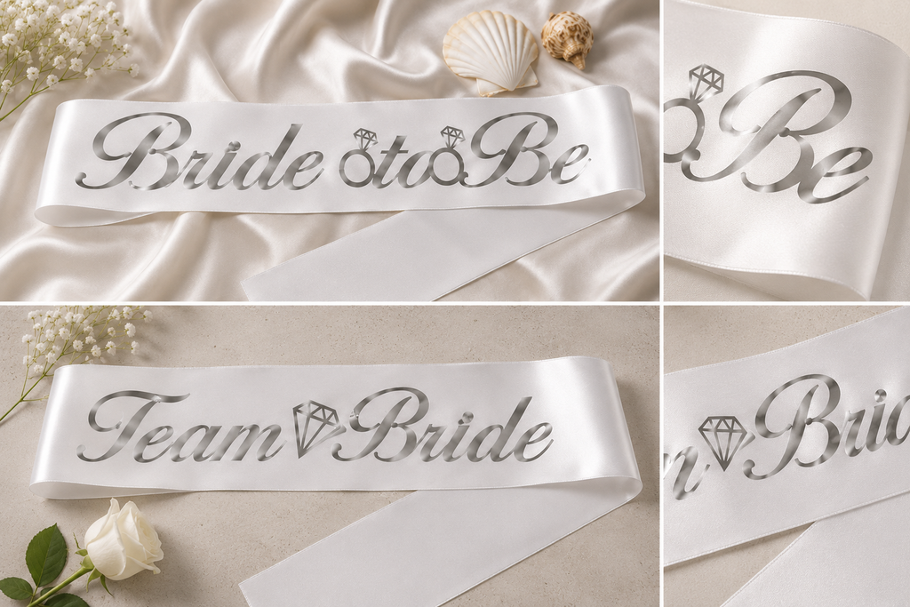 Team Bride Beyaz Saten Kuşak | Gümüş Yazılı Nedime Kuşağı