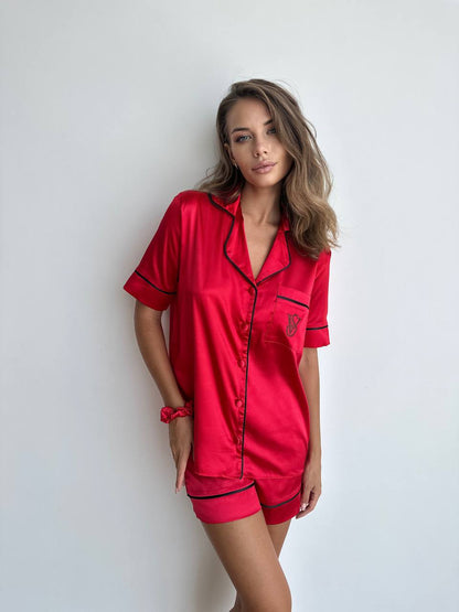 Kırmızı Saten Gömlek Şortlu VS Kadın Pijama Takımı